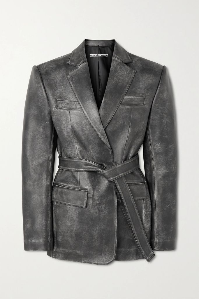 Belted Distressed Leather Blazer - Black