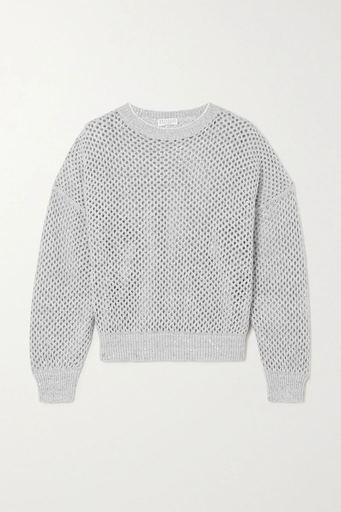 Sequin-embellished Open-knit Linen-blend Sweater - Light gray