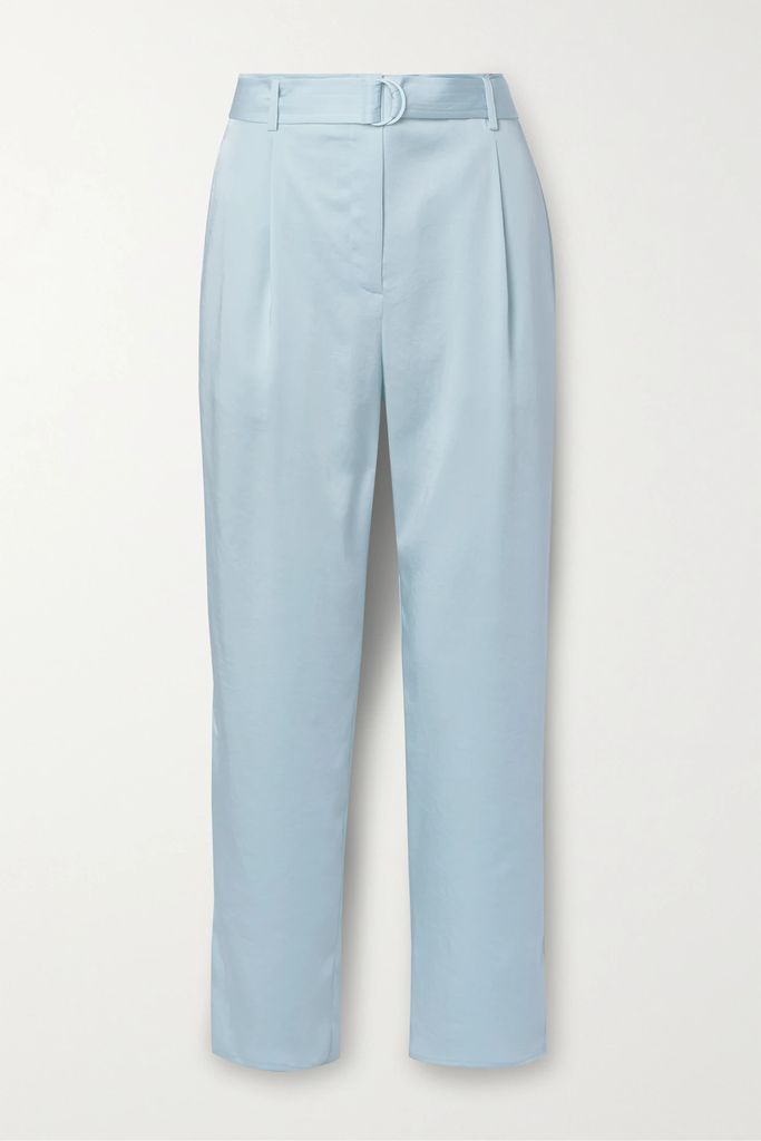Belted Pleated Crinkled-satin Straight-leg Pants - Sky blue