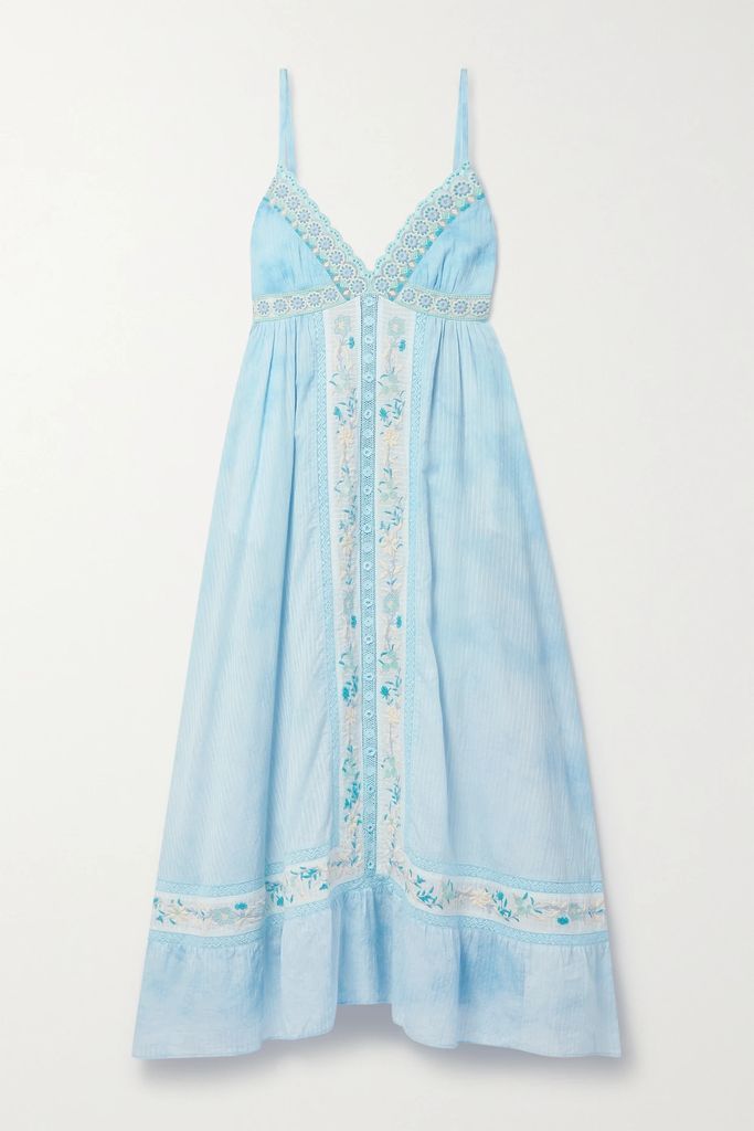 King Crochet-trimmed Embroidered Cotton-voile Midi Dress - Light blue