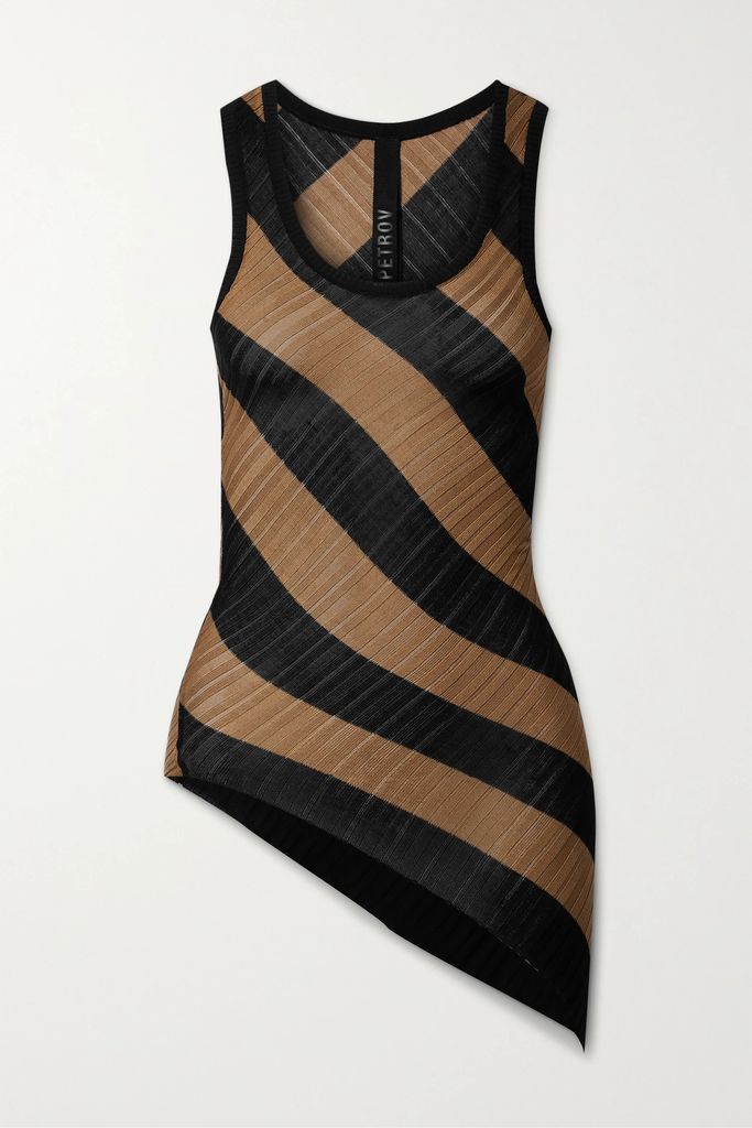Tegan Asymmetric Striped Ribbed Silk Tank - Black