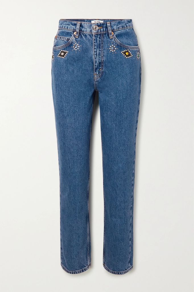 70s Straight Embellished High-rise Straight-leg Jeans - Dark denim