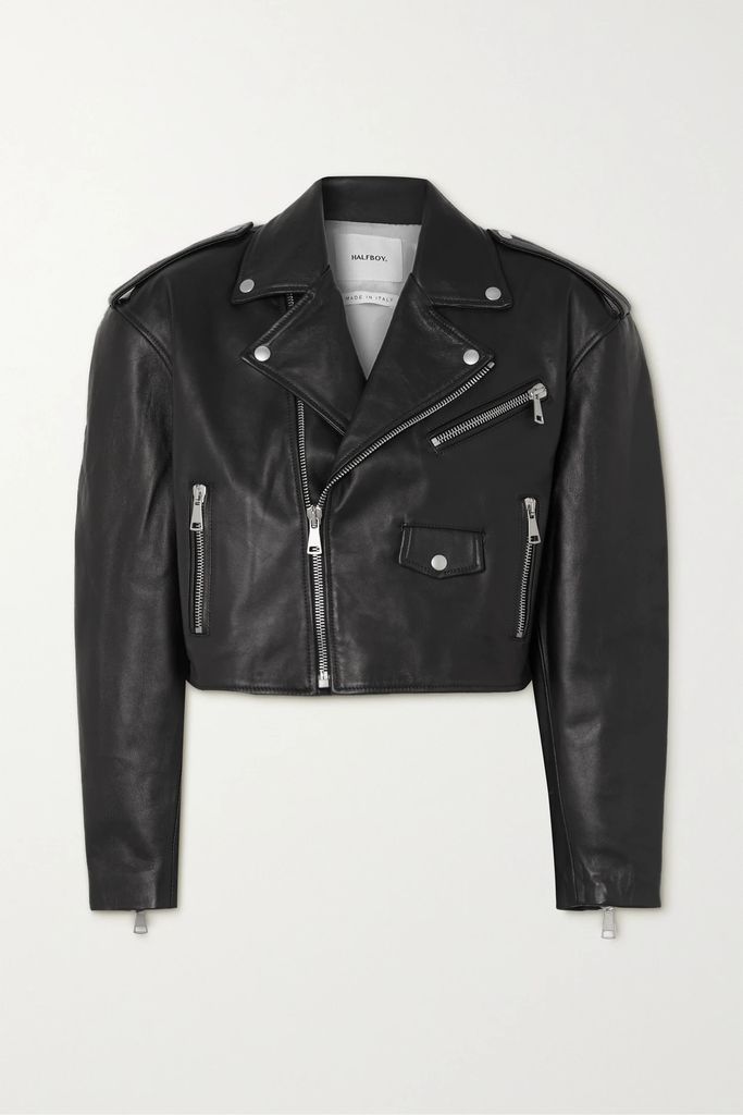 Oversized Cropped Leather Biker Jacket - Black