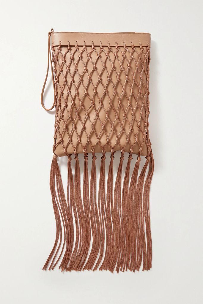 Adi Fringed Crochet-trimmed Leather Clutch - Neutral