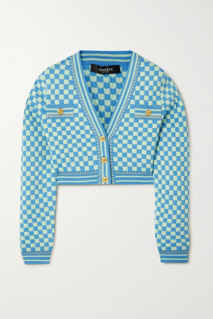 Cropped Checked Wool-blend Jacquard Cardigan - Blue