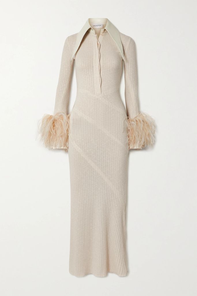 Dana Boa Leather And Feather-trimmed Ribbed-knit Maxi Dress - Cream