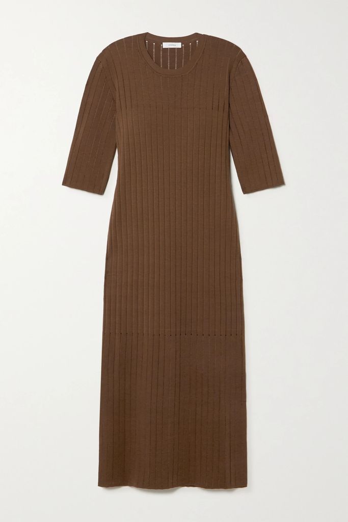 Ginevra Ribbed Silk And Cotton-blend Midi Dress - Tan