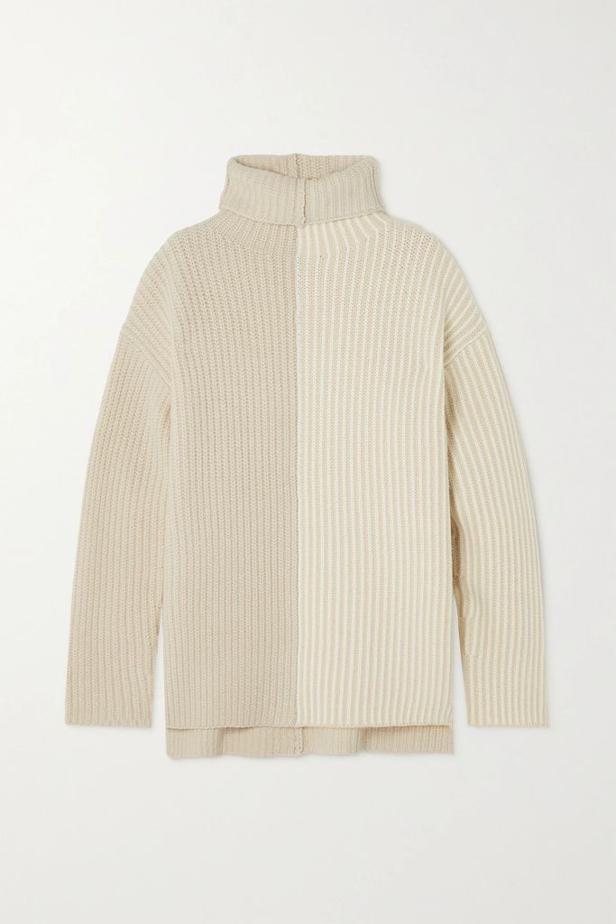 Two-tone Ribbed Merino Wool-blend Turtleneck Sweater - Ivory