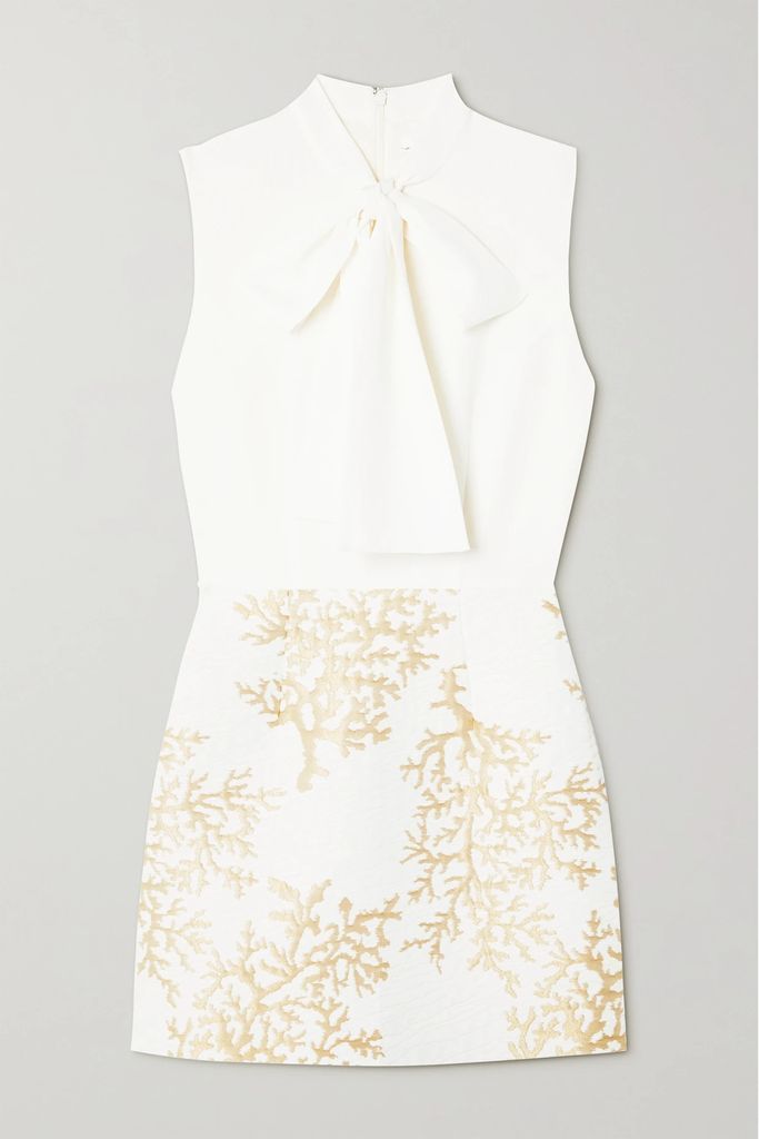 Pussy-bow Satin And Metallic Brocade Mini Dress - White