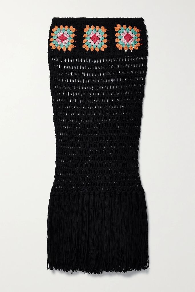 Take It Easy Fringed Crocheted Cotton-blend Maxi Skirt - Black