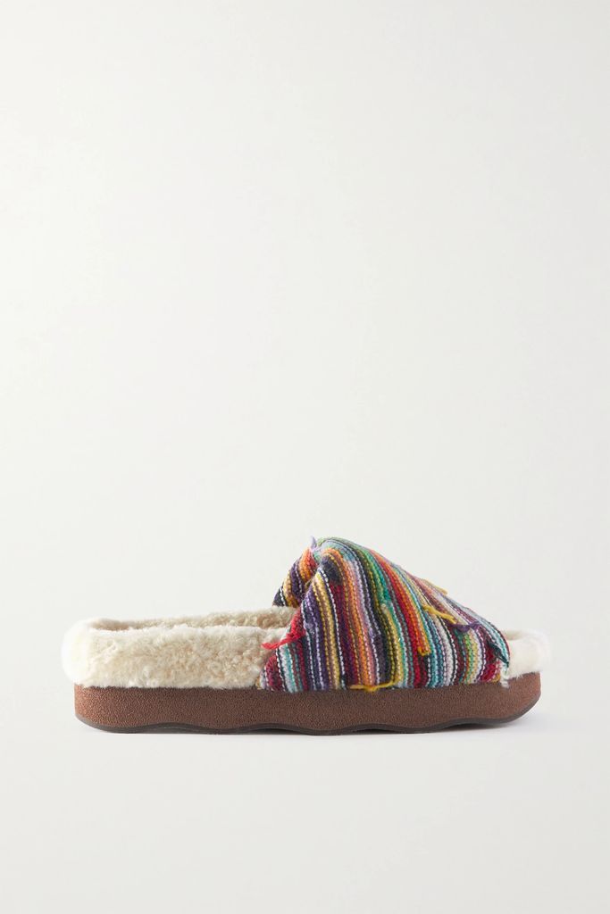 Wavy Shearling-lined Striped Recycled Cashmere And Wool-blend Slides - Green