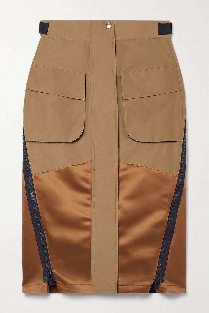 Zip-detailed Satin-paneled Cotton-blend Midi Skirt - Beige