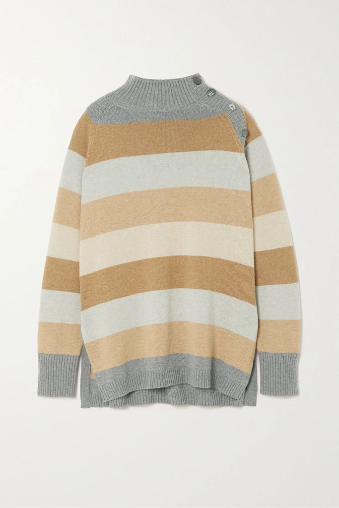 Button-detailed Striped Cashmere Sweater - Beige