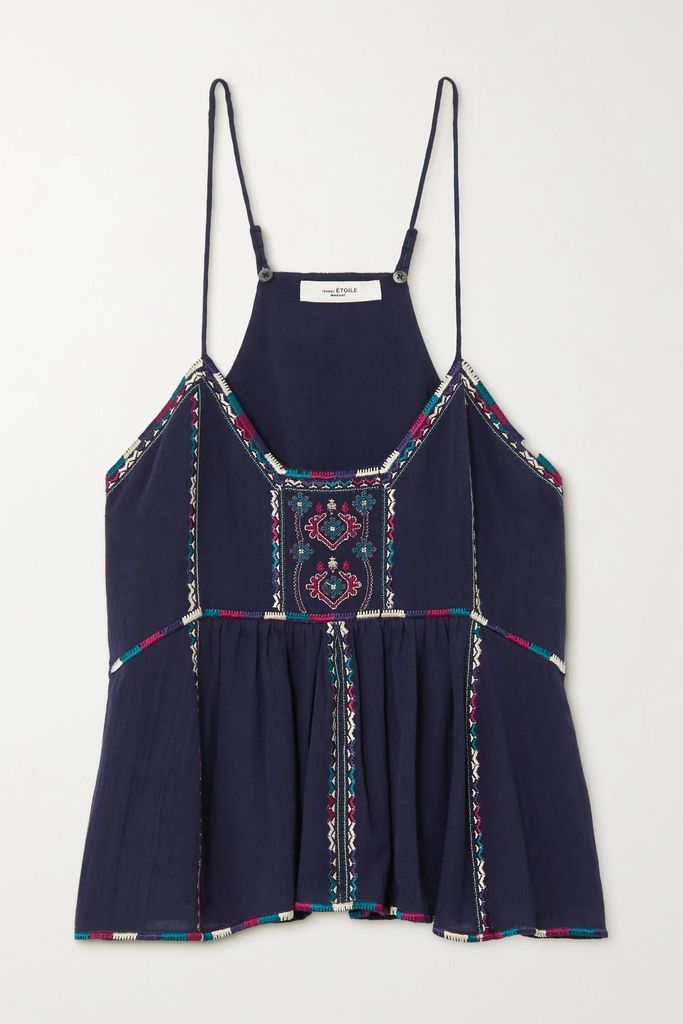 Francesca Embroidered Cotton-voile Camisole - Navy