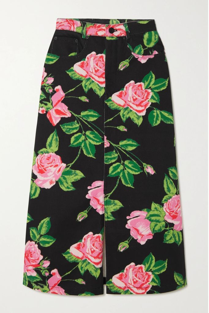 Floral-print Denim Midi Skirt - Pink