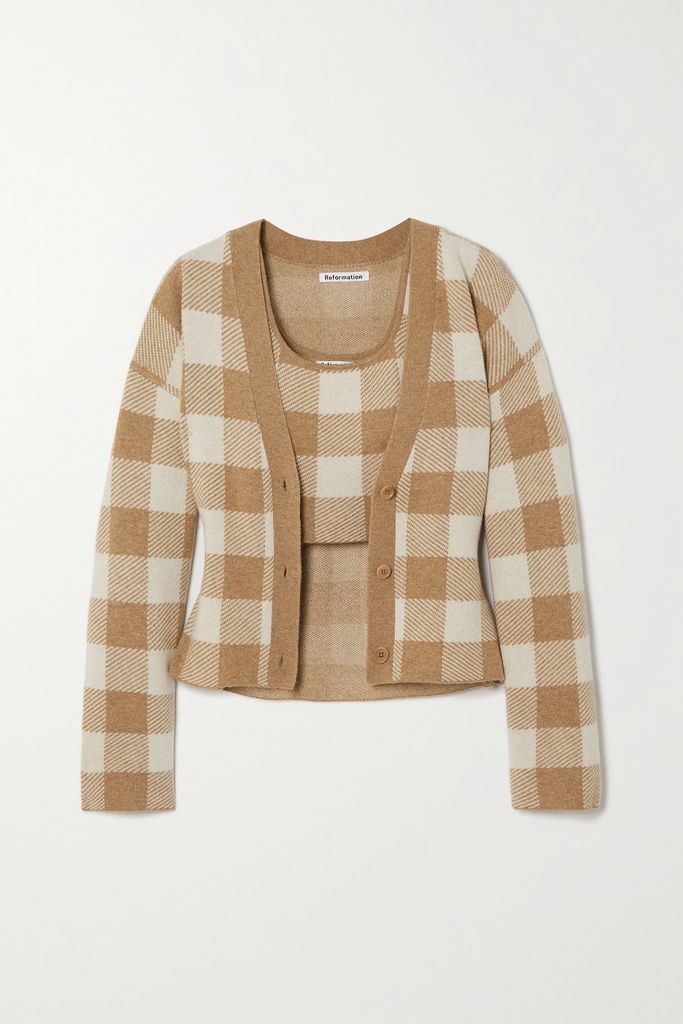 Fonte Checked Recycled Cashmere Tank And Cardigan Set - Beige