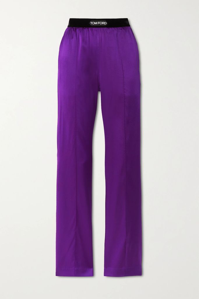 Velvet-trimmed Stretch-silk Satin Pants - Purple