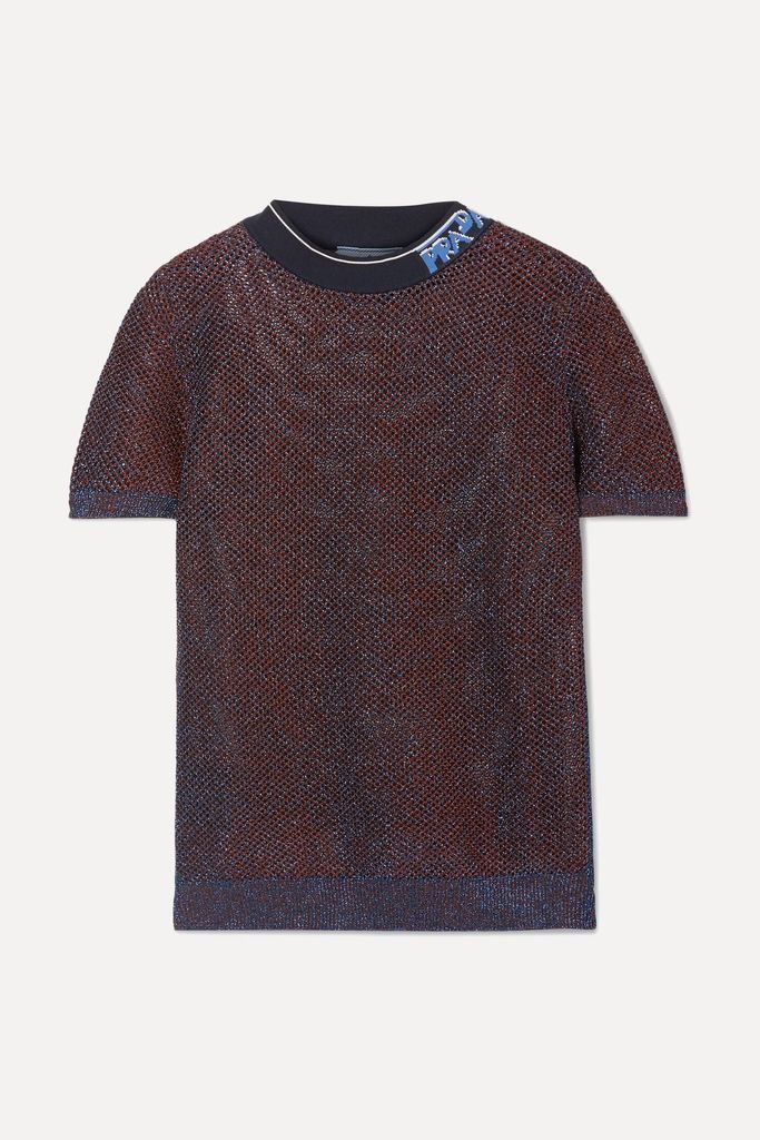 Intarsia-trimmed Metallic Knitted Top - Blue