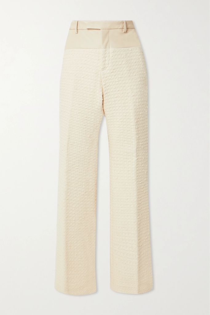 Leather-trimmed Cotton-blend Tweed Bootcut Pants - Cream