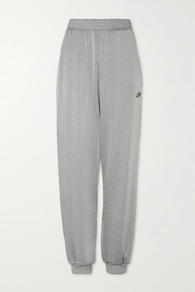 Embroidered Metallic Jersey Tapered Track Pants - Silver