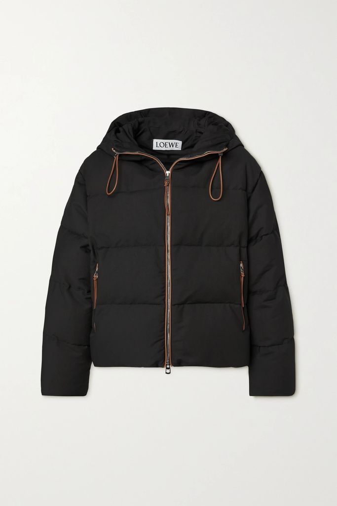 Hooded Leather-trimmed Quilted Cotton-canvas Down Coat - Black