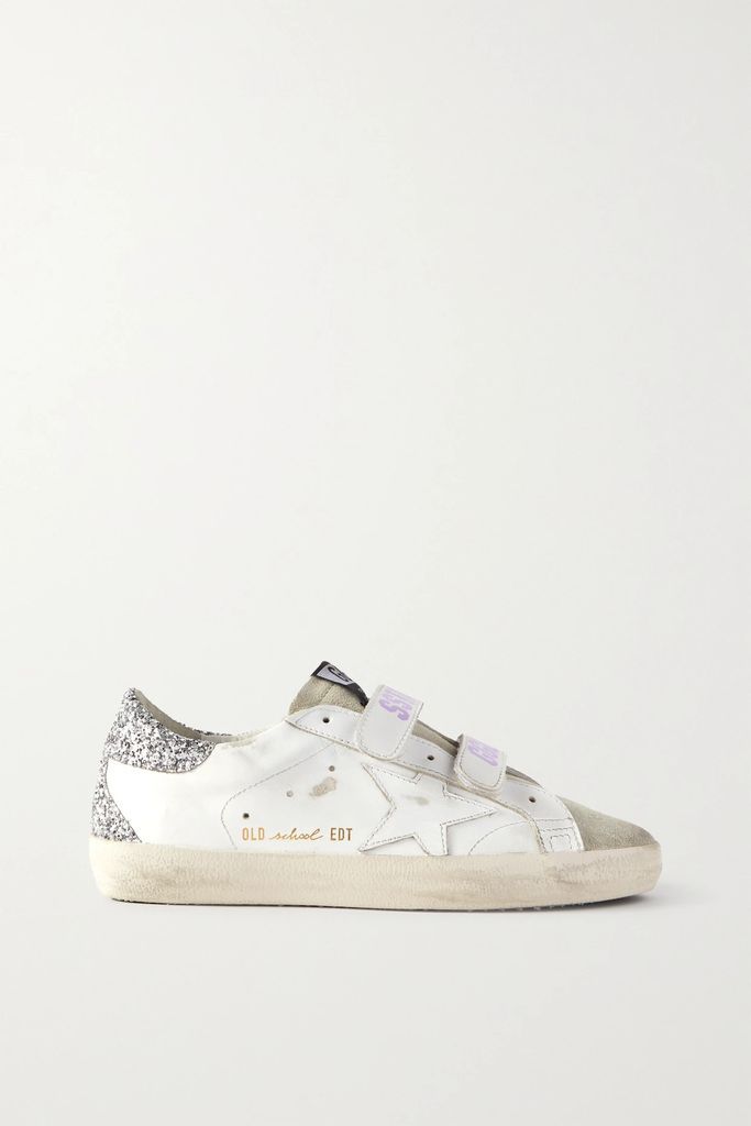 Old School Distressed Glittered Leather Sneakers - White