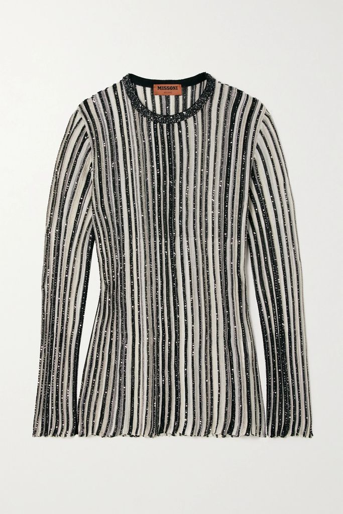 Embellished Metallic Striped Crochet-knit Sweater - Black