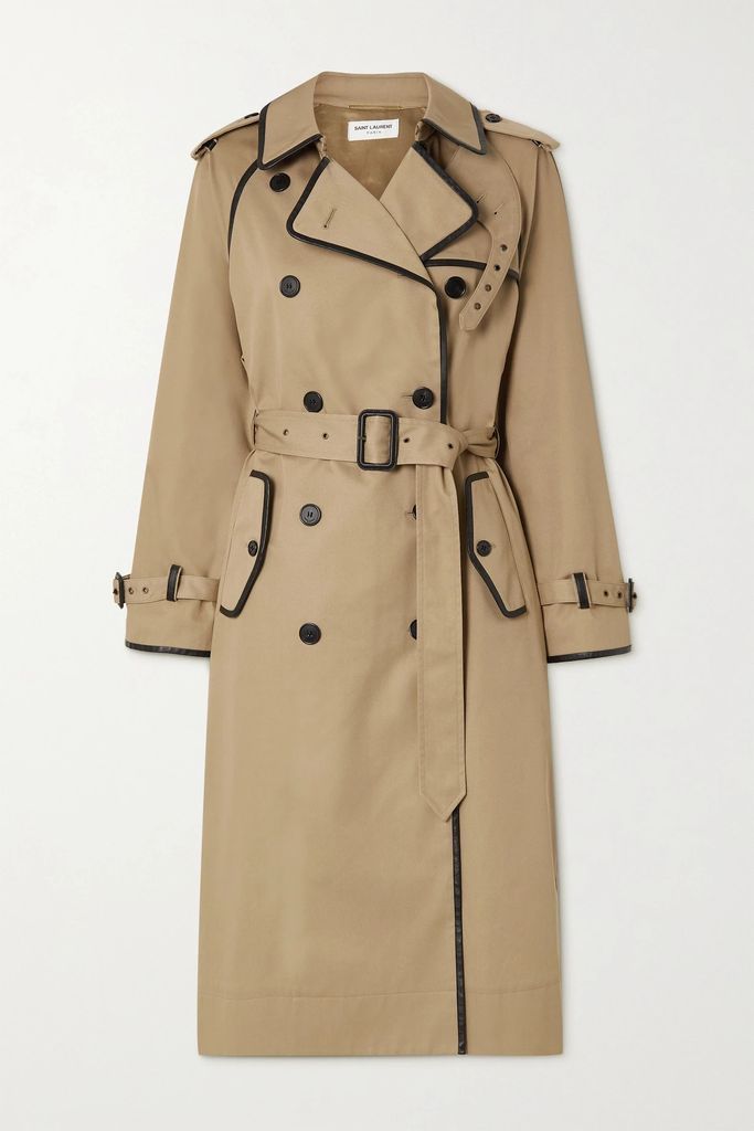 Belted Leather-trimmed Gabardine Trench Coat - Taupe