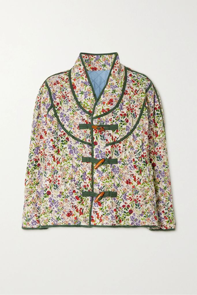 Reversible Distressed Quilted Floral-print Cotton And Chambray Jacket - Cream
