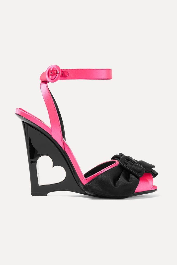 110 Bow-embellished Satin Wedge Sandals - Pink