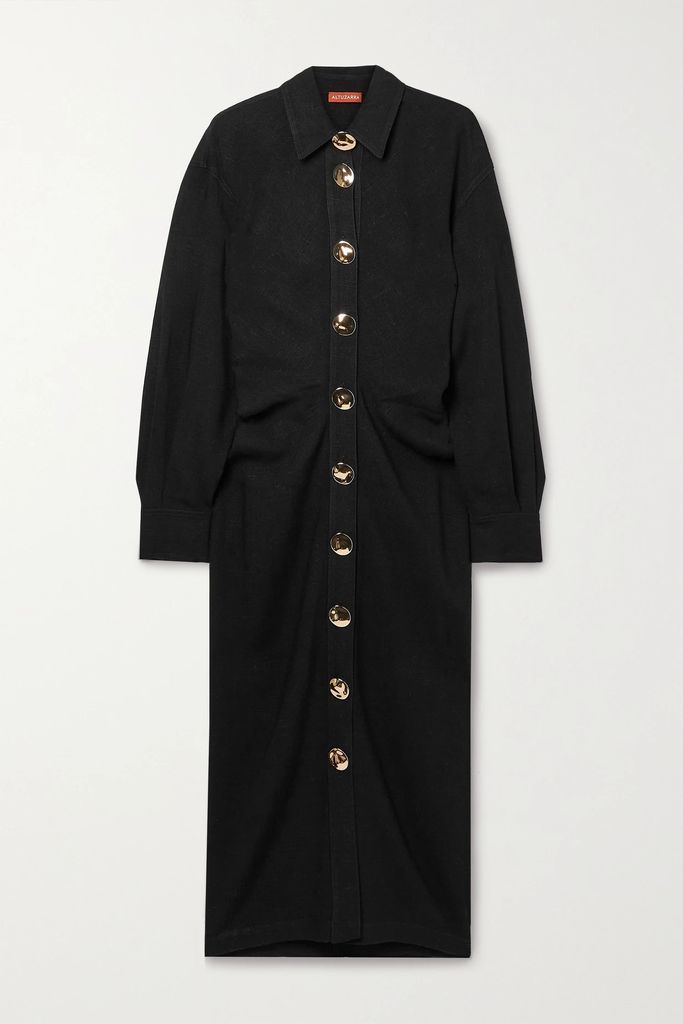 Ariadne Gathered Woven Midi Dress - Black