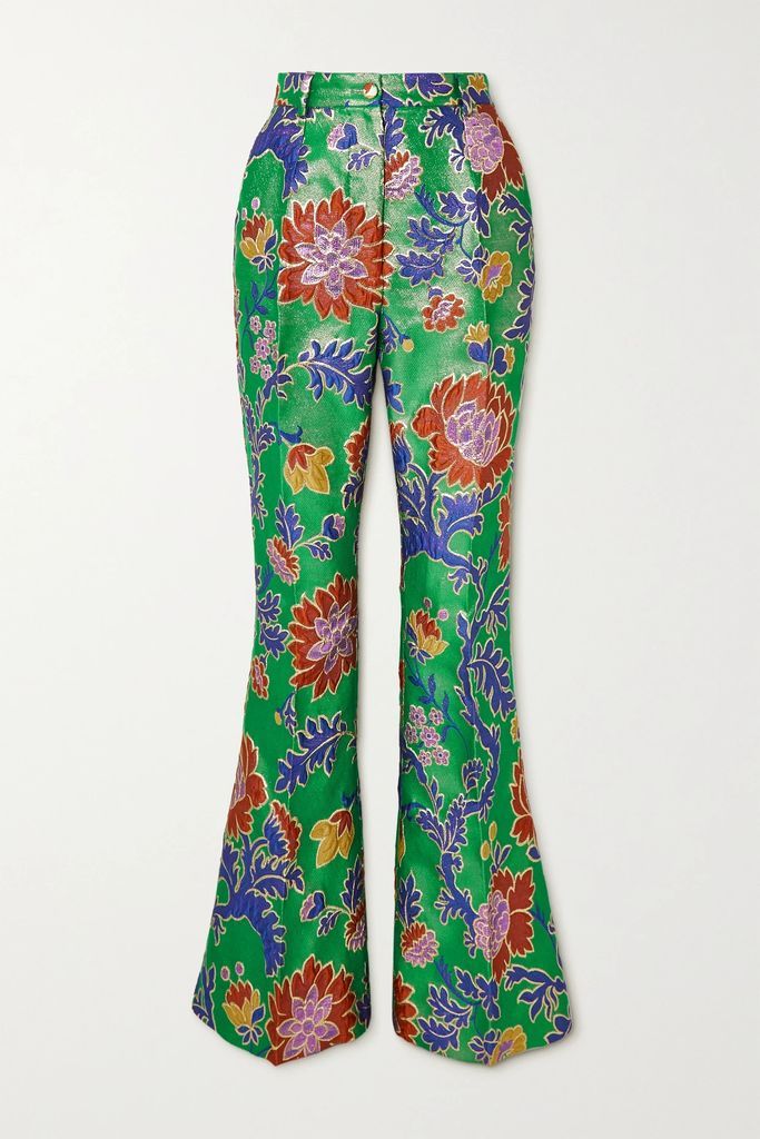 Metallic Floral-jacquard Bootcut Pants - Forest green