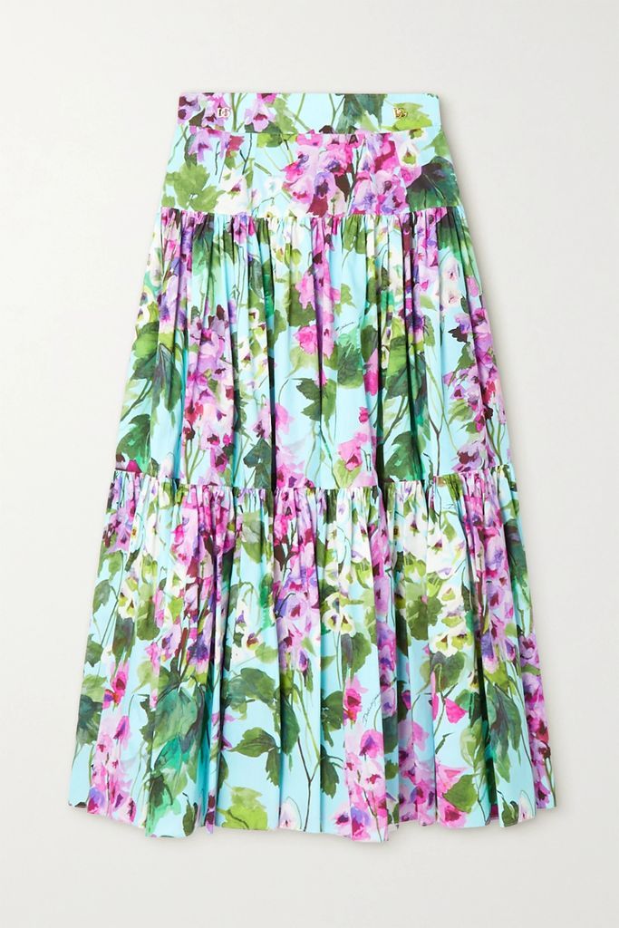Pleated Floral-print Cotton-poplin Midi Skirt - Green