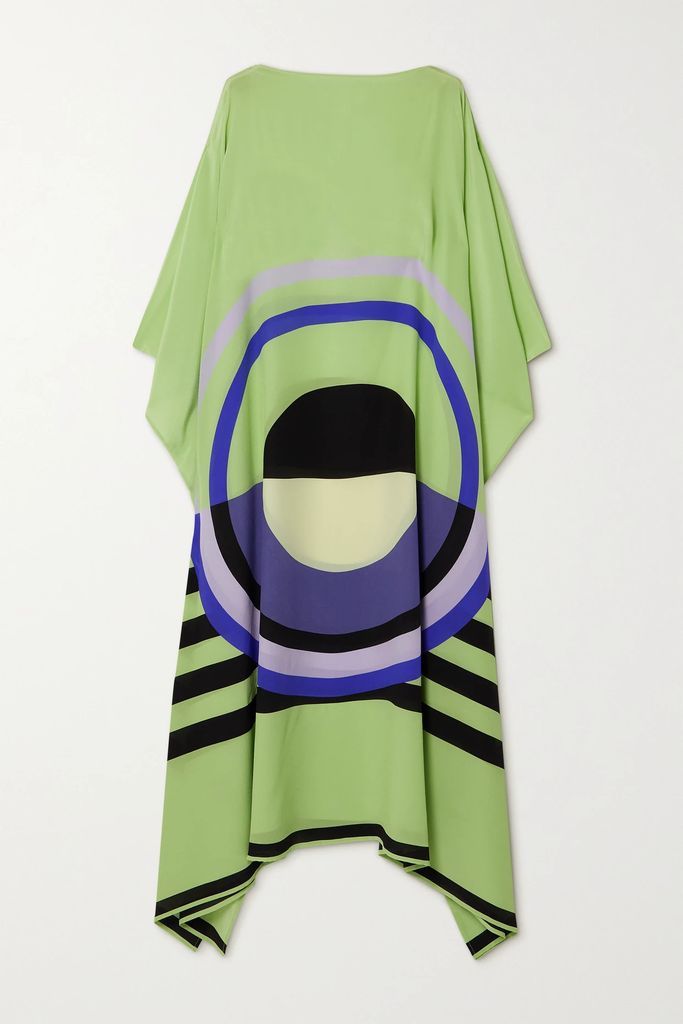 Asymmetric Printed Silk Dress - Leaf green
