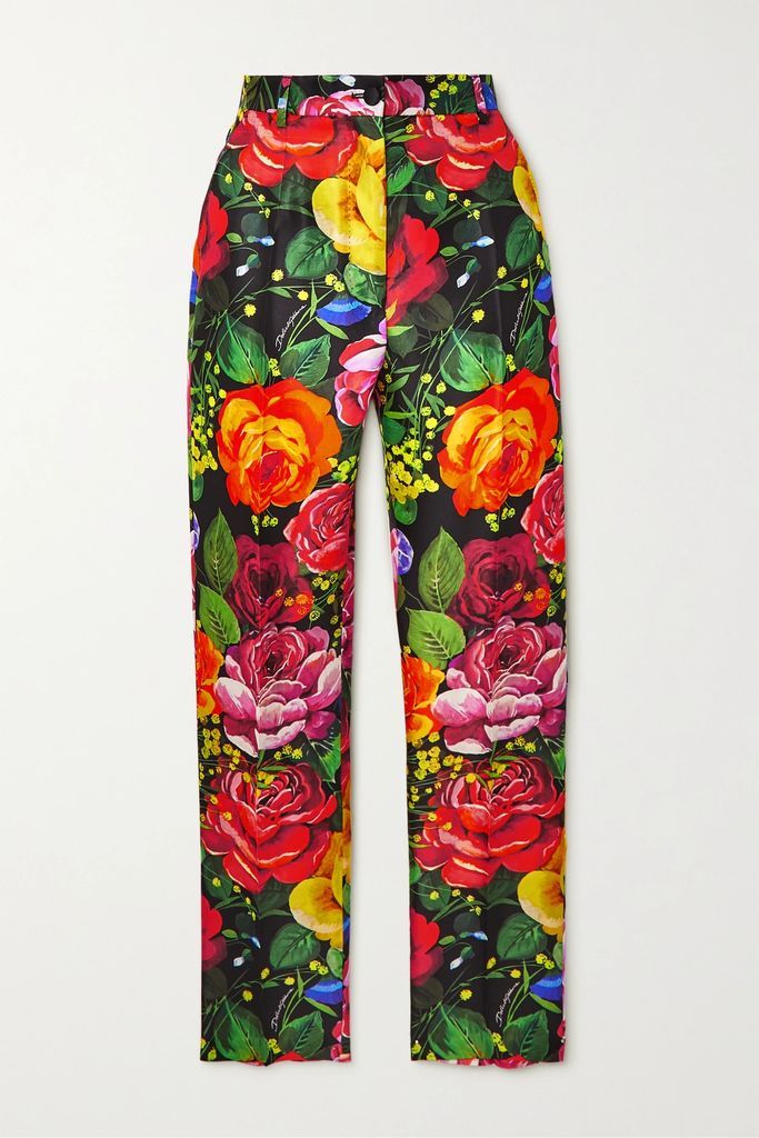 Cropped Floral-print Mikado-silk Pants - Bright green
