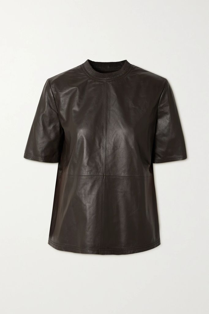 Paneled Leather T-shirt - Brown