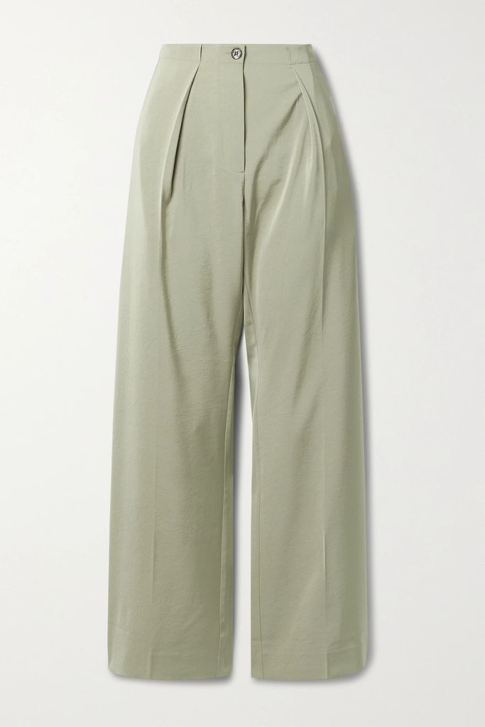 Pleated Crinkled-twill Wide-leg Pants - Sage green