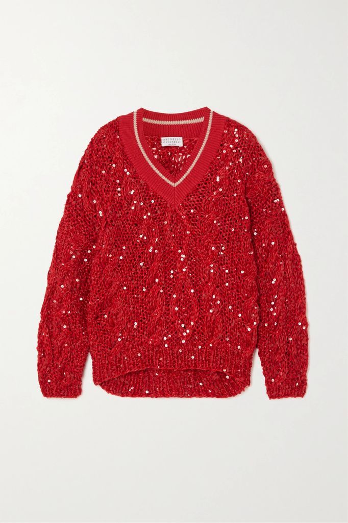 Embellished Cable-knit Linen-blend Sweater - Red