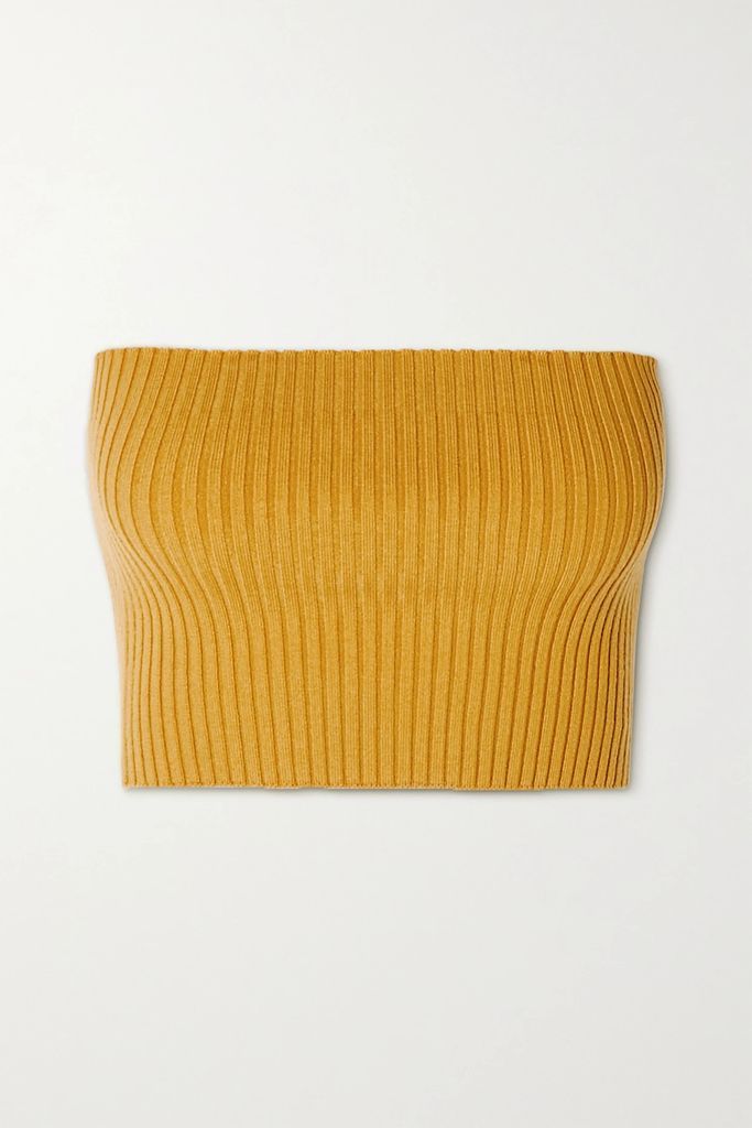 Strapless Cropped Ribbed Wool-blend Top - Mustard