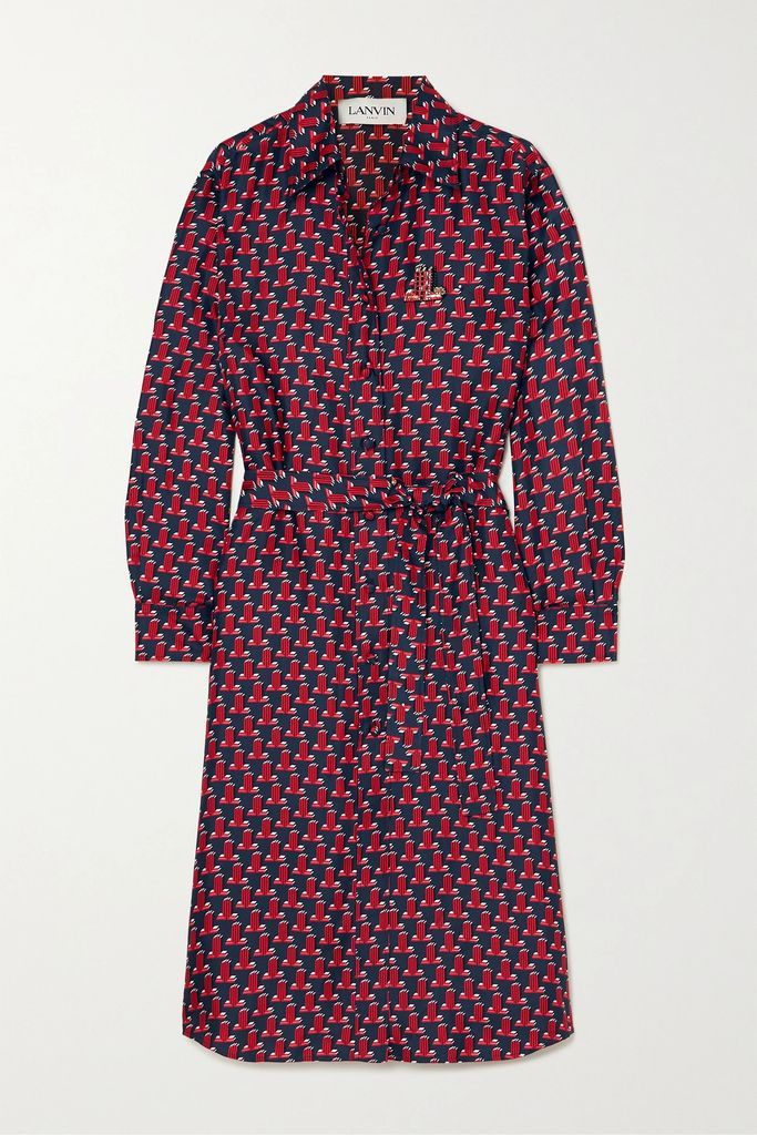 Embellished Printed Silk-twill Midi Shirt Dress - Navy