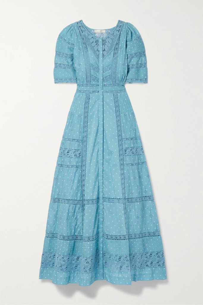 Kylen Crochet-trimmed Polka-dot Cotton-voile Maxi Dress - Blue