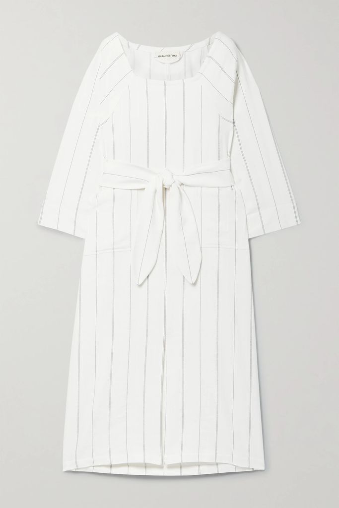 Shay Belted Striped Organic Cotton And Linen-blend Midi Dress - White