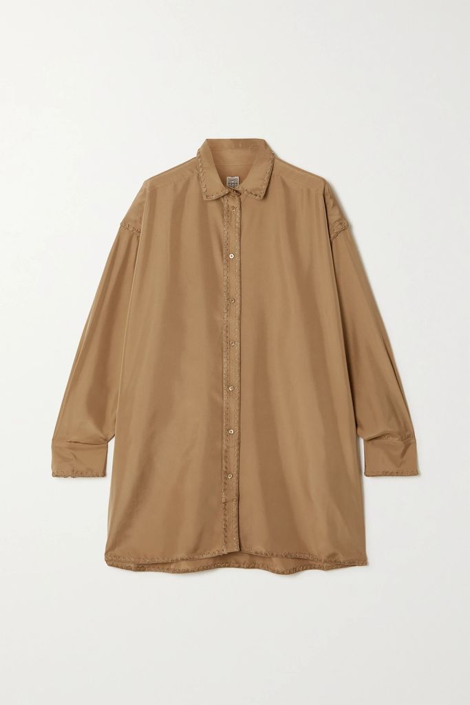 Oversized Embroidered Silk Crepe De Chine Shirt - Camel