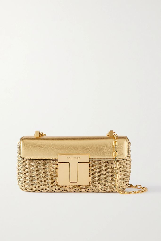 Metallic Woven And Leather Shoulder Bag - Gold