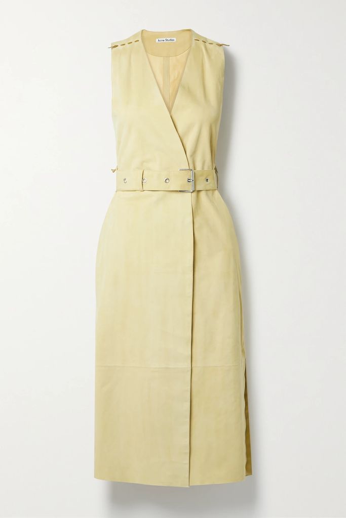 Whipstitched Belted Suede Midi Wrap Dress - Pastel yellow