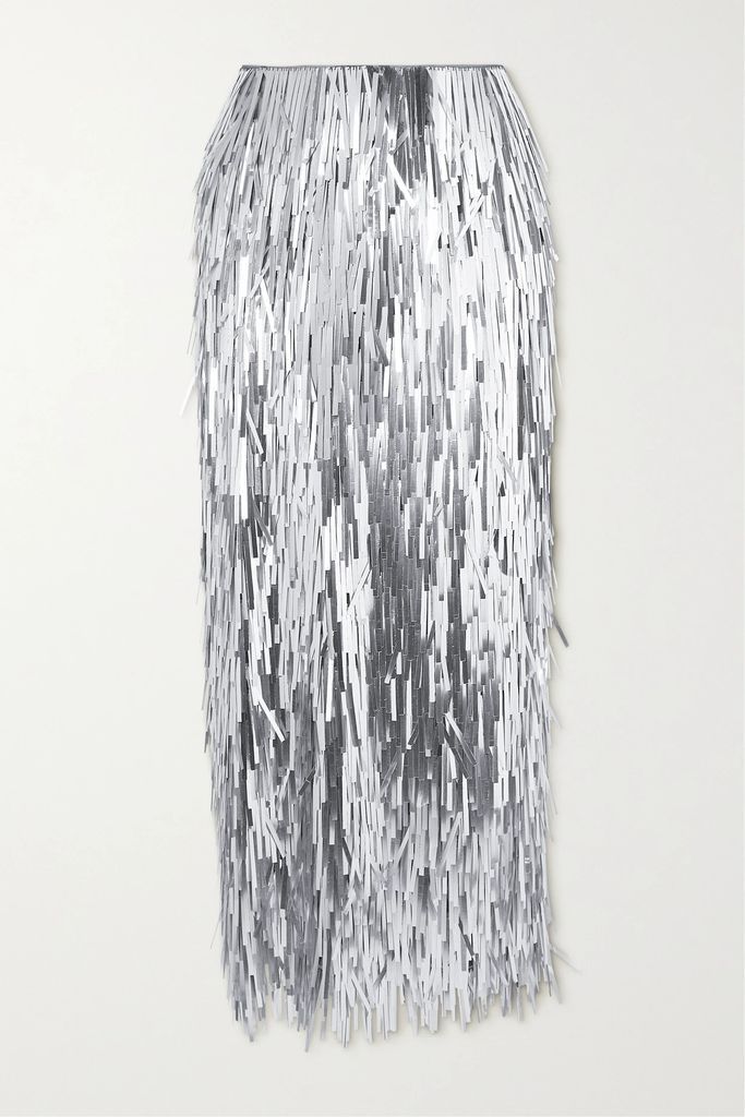 Fringed Mesh Midi Skirt - Silver