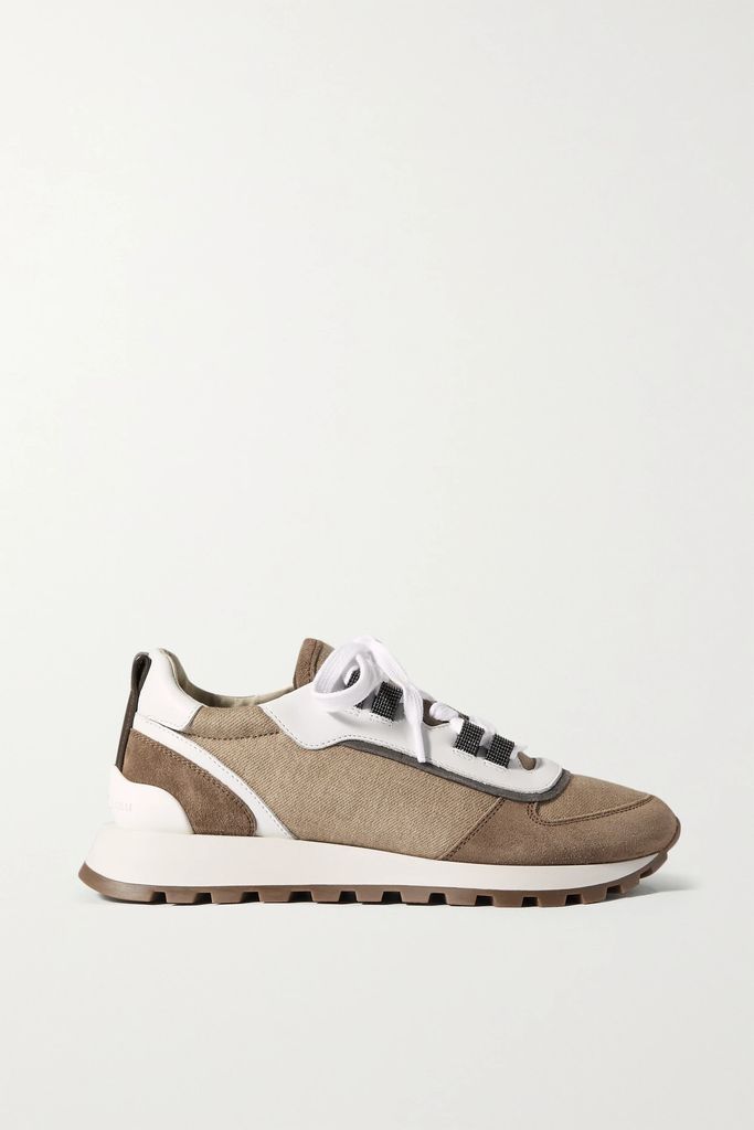 Bead-embellished Leather, Suede And Woven Sneakers - Light brown