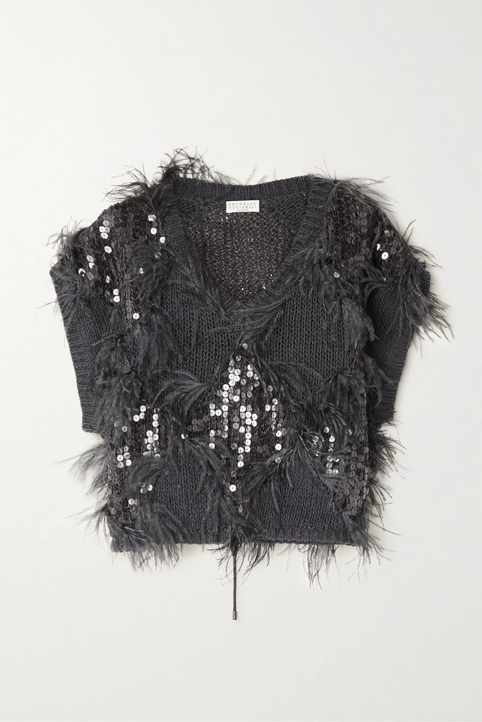 Feather-trimmed Sequined Knitted Sweater - Charcoal