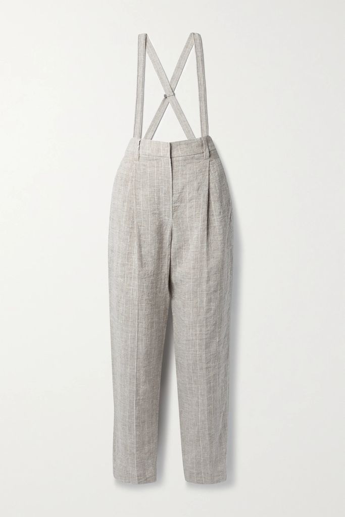 Striped Metallic Linen Straight-leg Pants - Light gray