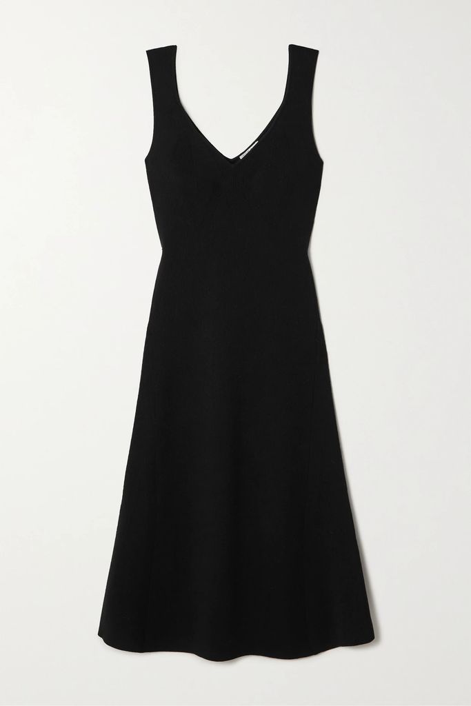 Ribbed Merino Wool Midi Dress - Black